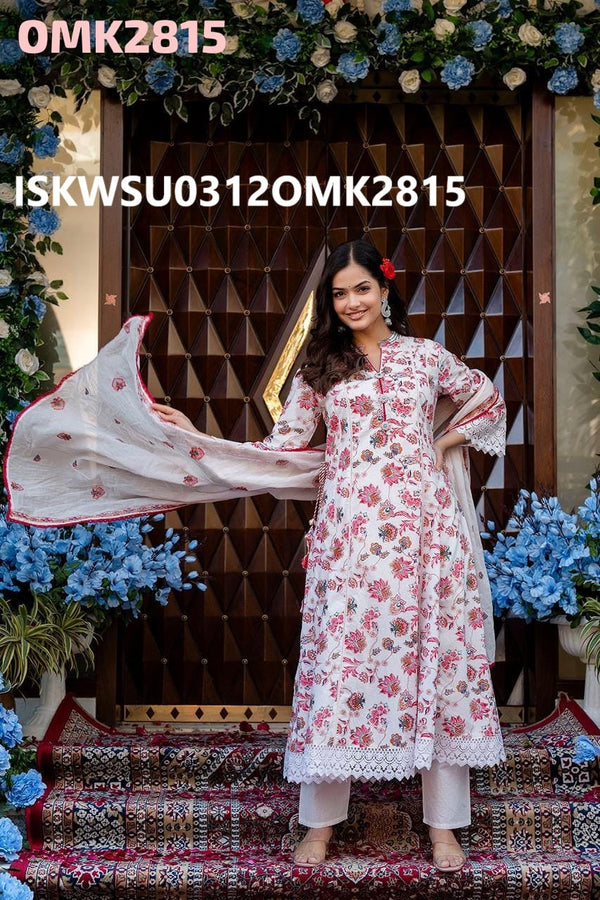 Floral Printed Cotton Anarkali Kurti With Pant And Dupatta-ISKWSU0312OMK292