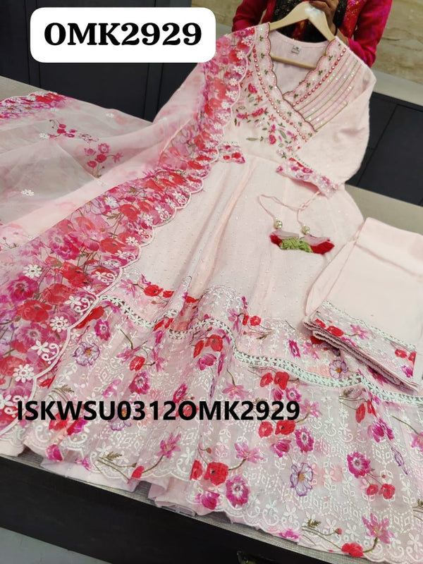 Embroidered Rayon Anarkali Kurti With Pant And Floral Printed Organza Dupatta-ISKWSU0312OMK2929