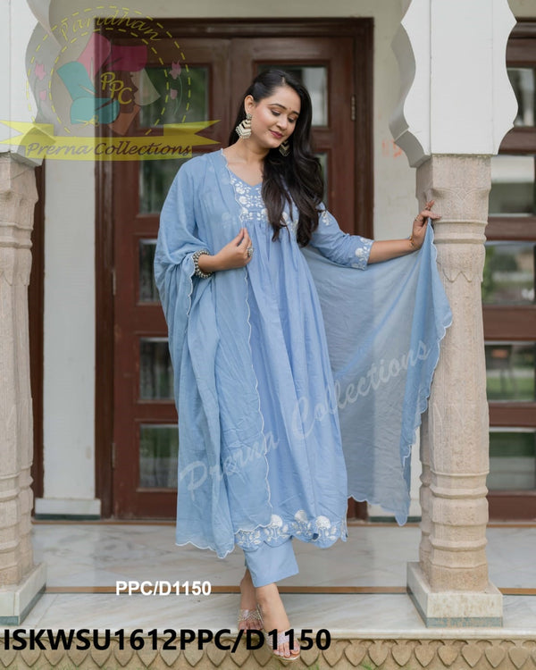 Embroidered Cotton Kurti With Pant And Malmal Cotton Dupatta-ISKWSU1612PPC/D1150