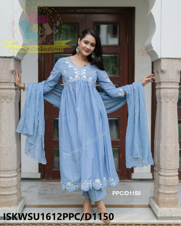 Embroidered Cotton Kurti With Pant And Malmal Cotton Dupatta-ISKWSU1612PPC/D1150