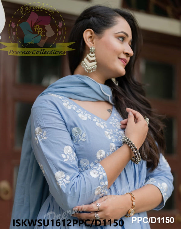 Embroidered Cotton Kurti With Pant And Malmal Cotton Dupatta-ISKWSU1612PPC/D1150