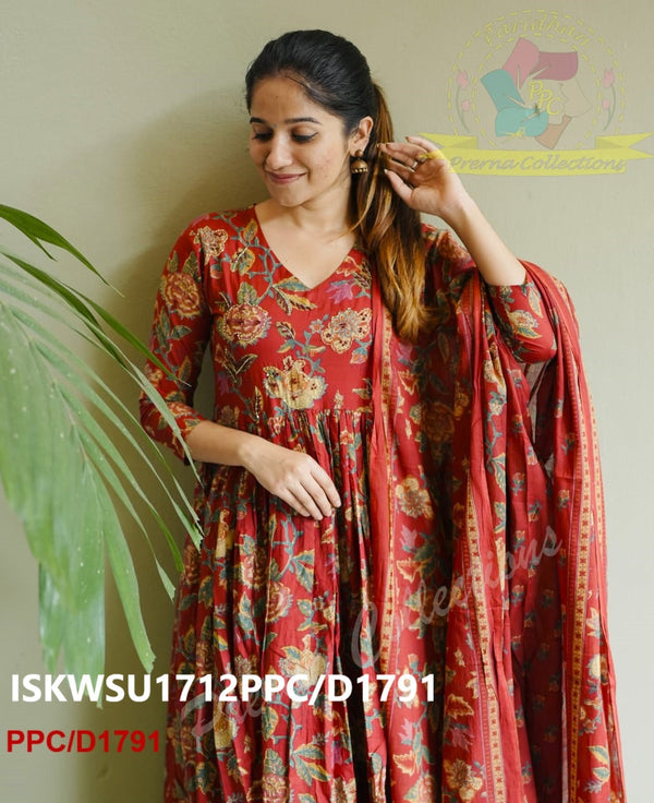 Block Printed Cotton Anarkali Kurti With Pant And Malmal Cotton Dupatta-ISKWSU1712PPC/D1791