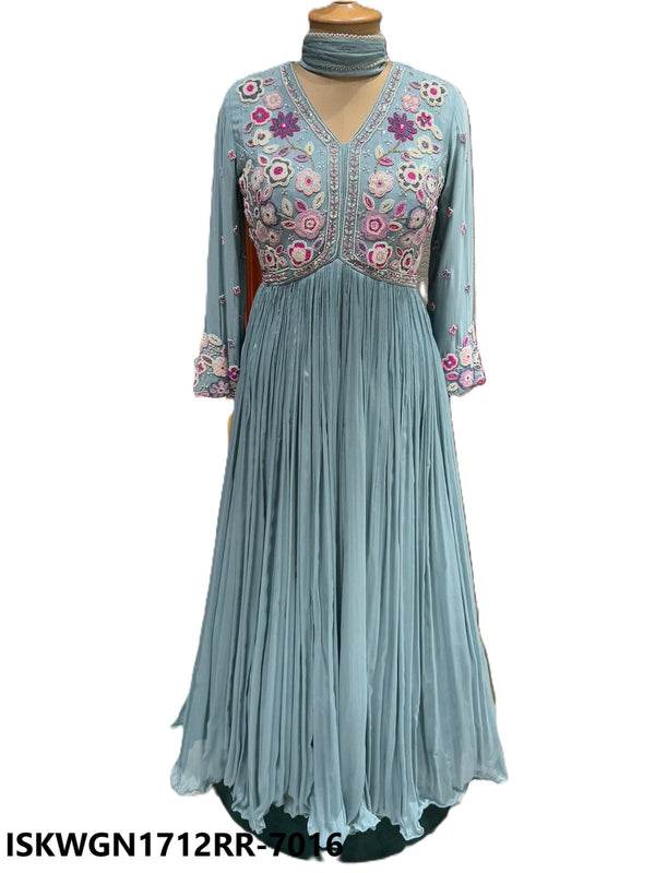 Embroidered Georgette Gown With Chiffon Dupatta-ISKWGN1712RR-7016