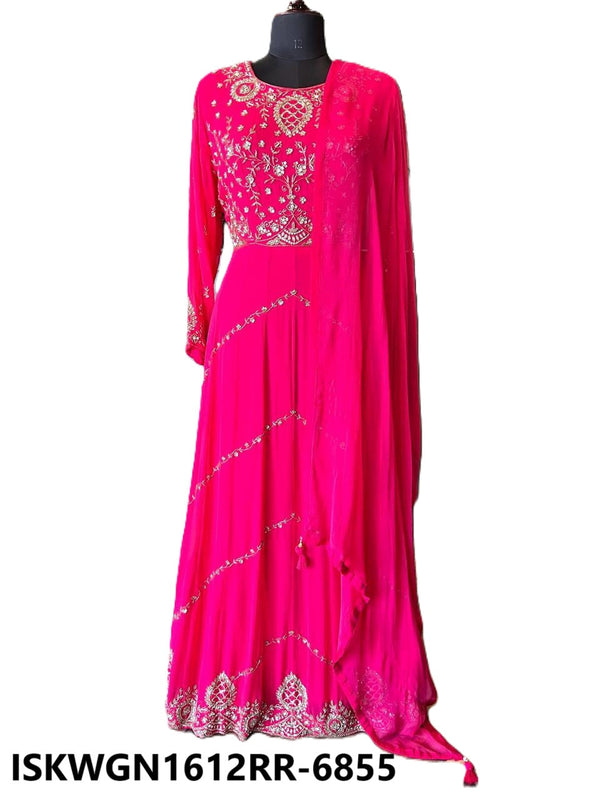 Embroidered Georgette Gown With Chiffon Dupatta-ISKWGN1612RR-6855