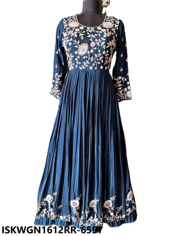 Embroidered Chinon Gown Attached With Drape-ISKWGN1612RR-6597