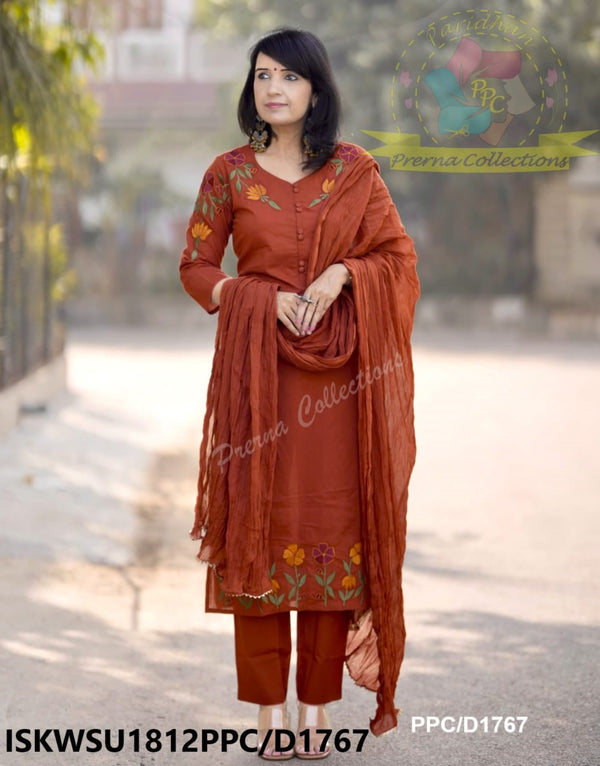 Embroidered Cotton Kurti With Pant And Crushed Malmal Cotton Dupatta-ISKWSU1812PPC/D1767