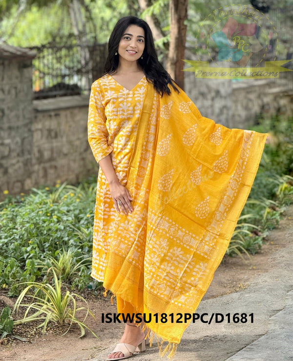 Hand Batik Printed Silk Kurti With Pant And Dupatta-ISKWSU1812PPC/D1681