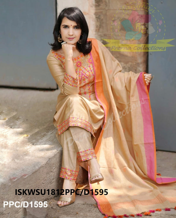 Embroidered Cotton Silk Kurti With Pant And Linen Dupatta-ISKWSU1812PPC/D1595