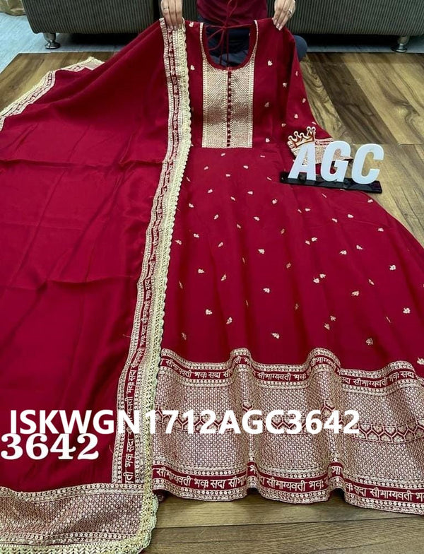 Embroidered Maslin Silk Gown With Dupatta-ISKWGN1712AGC3642