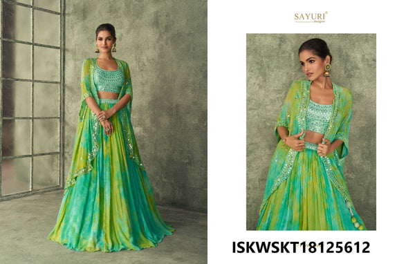 Silk Crop Top With Printed Georgette Skirt And Embroidered Shrug-ISKWSKT18125612