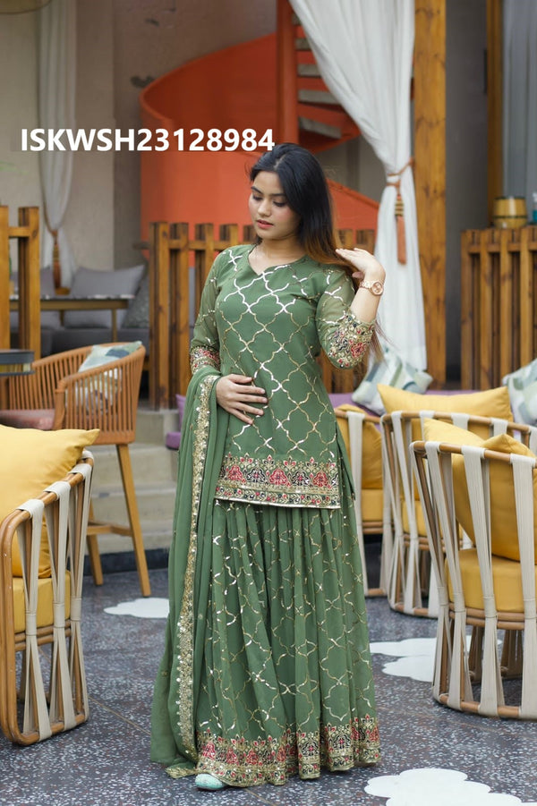 Embroidered Georgette Kurti With Sharara And Dupatta-ISKWSH23128984