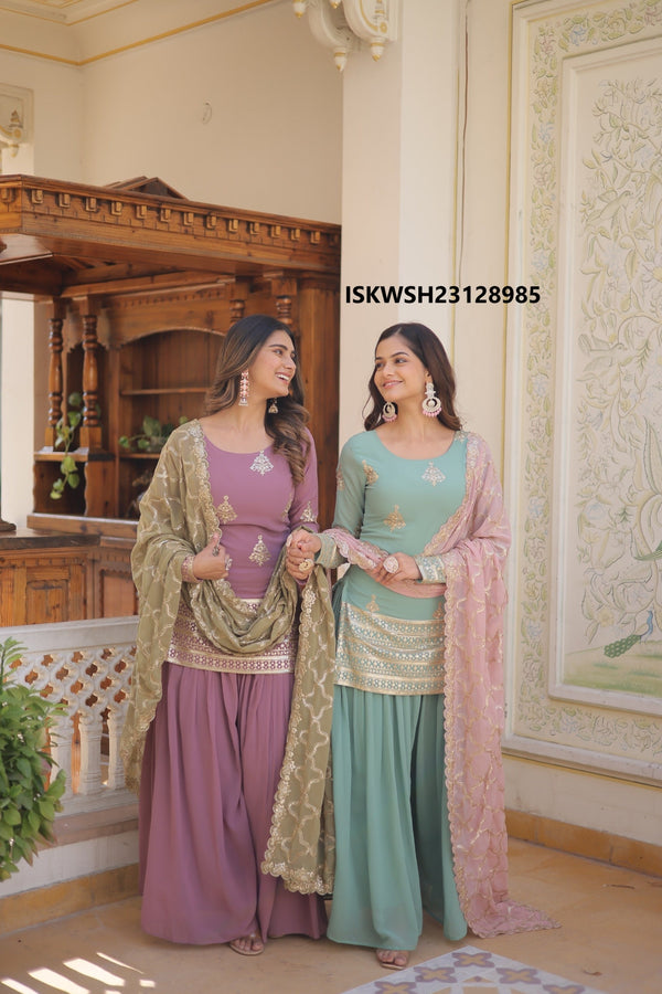 Embroidered Georgette Kurti With Sharara And Dupatta-ISKWSH23128985