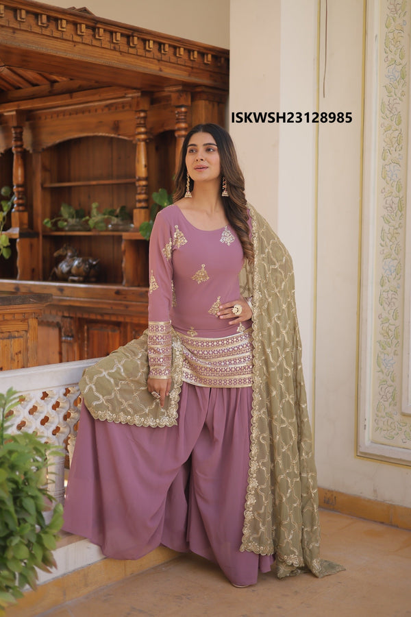 Embroidered Georgette Kurti With Sharara And Dupatta-ISKWSH23128985