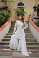 Embroidered Georgette Kurti With Sharara And Dupatta-ISKWSH23128986