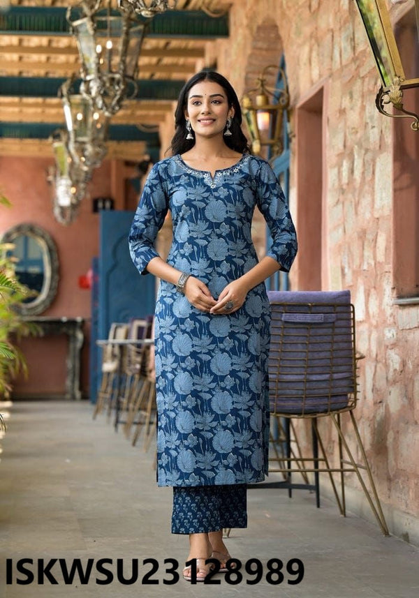 Floral Printed Cotton Kurti With Pant And Dupatta-ISKWSU23128989