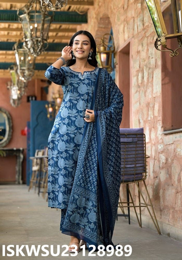 Floral Printed Cotton Kurti With Pant And Dupatta-ISKWSU23128989