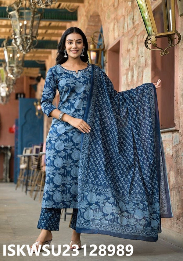 Floral Printed Cotton Kurti With Pant And Dupatta-ISKWSU23128989