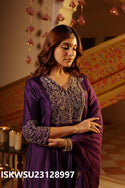 Embroidered Silk Pleated Kurti With Pant And Organza Dupatta-ISKWSU23128996