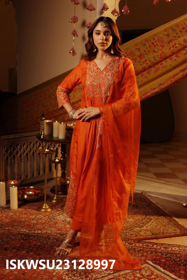 Embroidered Silk Pleated Kurti With Pant And Organza Dupatta-ISKWSU23128996