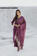 Embroidered Silk Kurti With Pant And Chanderi Silk Dupatta-ISKWSU23128994