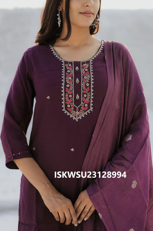 Embroidered Silk Kurti With Pant And Chanderi Silk Dupatta-ISKWSU23128994