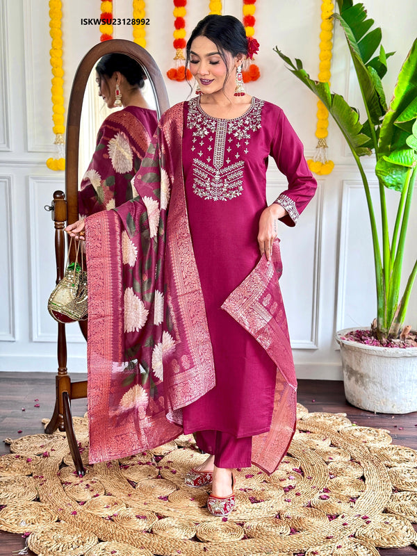 Embroidered Silk Kurti With Pant And Printed Dupatta-ISKWSU23128992