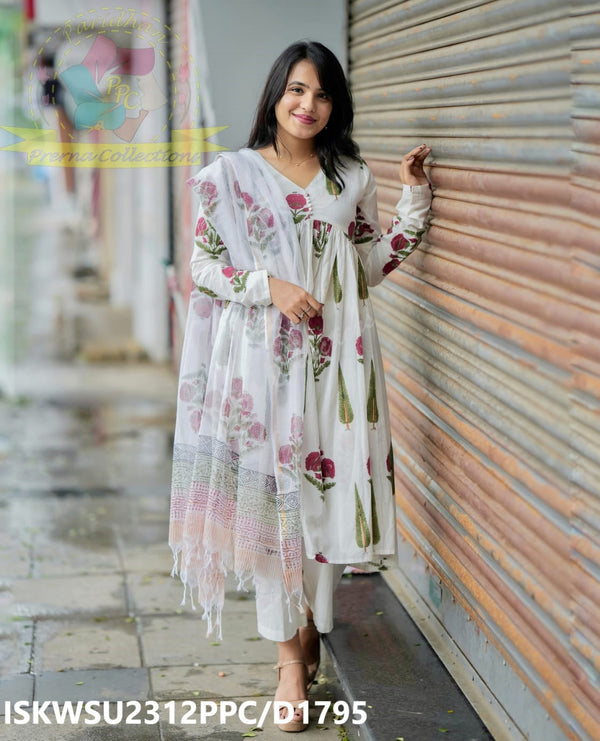 Hand Block Mughal Butta Printed Cotton Anarkali Kurti With Pant And Kota Doriya Dupatta-ISKWSU2312PPC/D1795