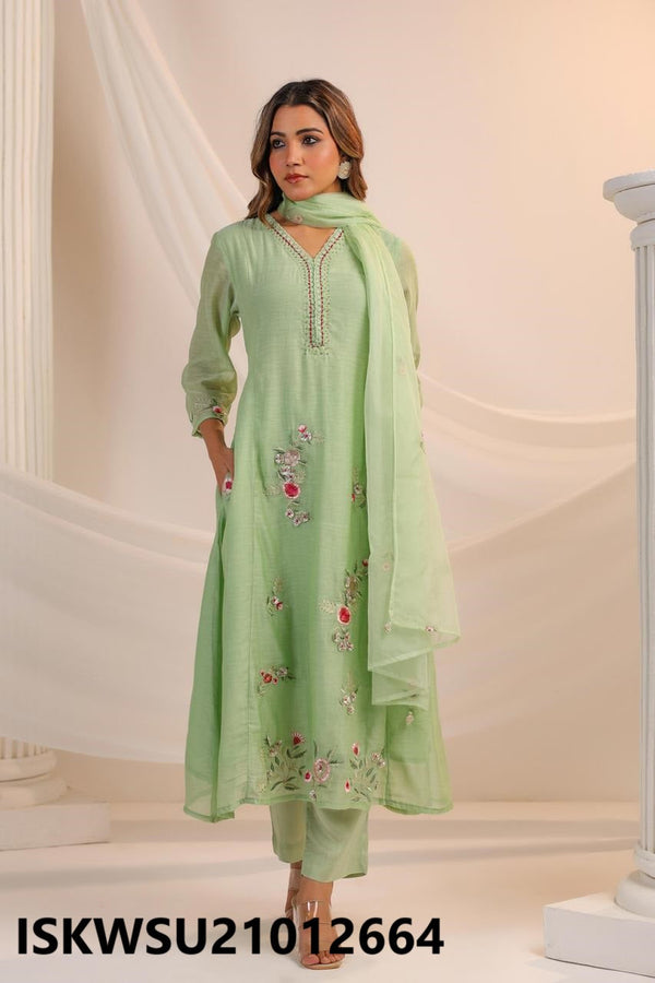 Embroidered Malmal Chanderi Kurti With Pant And Organza Dupatta-ISKWSU21012664