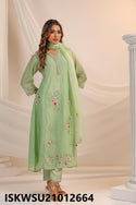 Embroidered Malmal Chanderi Kurti With Pant And Organza Dupatta-ISKWSU21012664