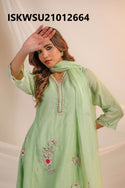 Embroidered Malmal Chanderi Kurti With Pant And Organza Dupatta-ISKWSU21012664