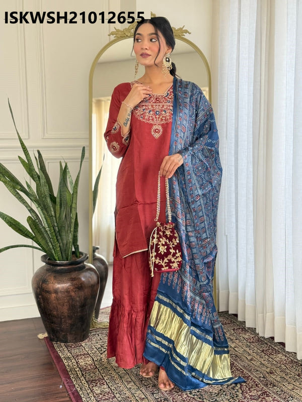 Embroidered Dola Silk Kurti With Sharara And Printed Gaji Silk Dupatta-ISKWSH21012655