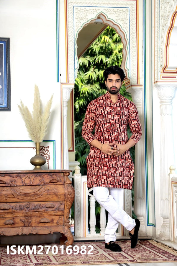 Men's Bagru Hand Block Printed Cotton Kurta With Pajama-ISKM27016982