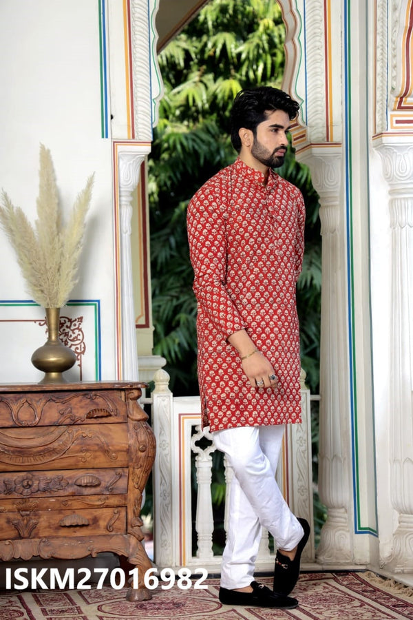 Men's Bagru Hand Block Printed Cotton Kurta With Pajama-ISKM27016982