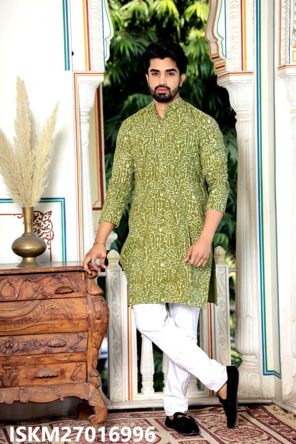 Men's Bagru Hand Block Printed Cotton Kurta With Pajama-ISKM27016996