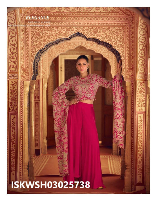 Chinon Silk Sharara And Embroidered Crop Top-ISKWSH03025738