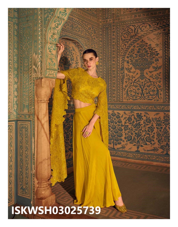 Chinon Silk Sharara And Embroidered Crop Top-ISKWSH03025739