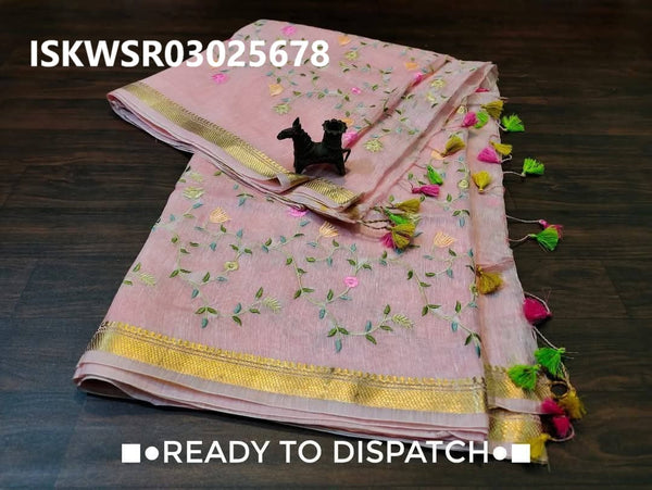 Embroidered Linen Saree With Blouse-ISKWSR03025678