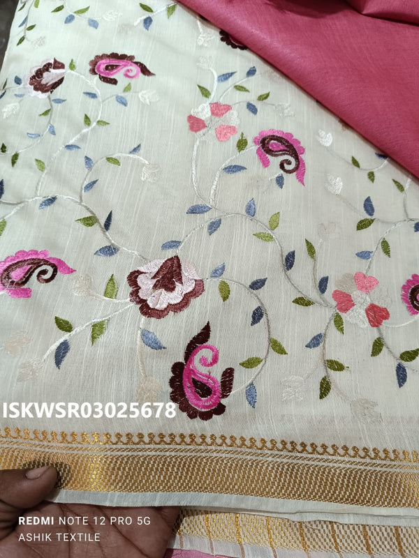 Embroidered Linen Saree With Blouse-ISKWSR03025678