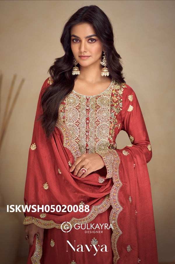 Embroidered Chinon Kurti With Sharara And Dupatta-ISKWSH05020088