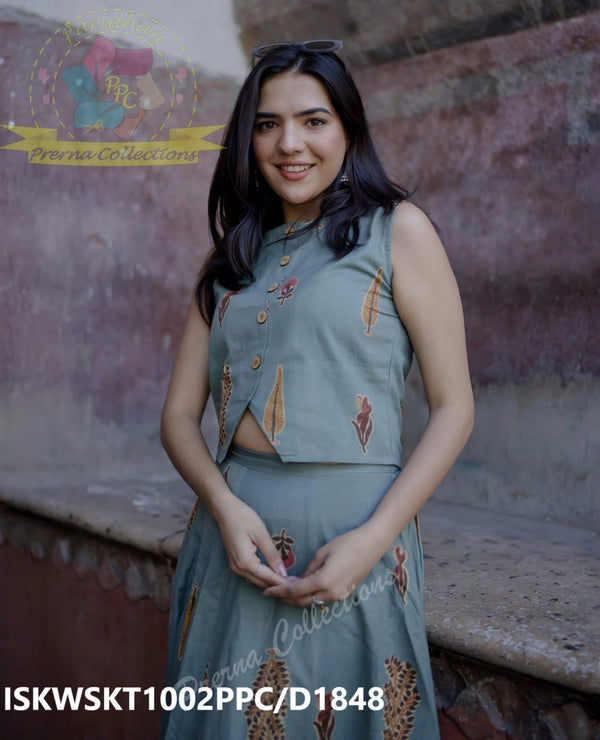 Floral Printed Khadi Cotton Top With Skirt-ISKWSKT1002PPC/D1848