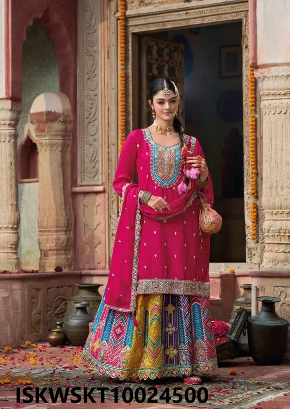 Embroidered Chinon Kurti With Skirt And Dupatta-ISKWSKT10024500