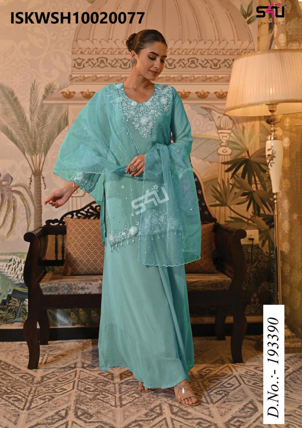 Embroidered Silk Kurti With Sharara And Organza Dupatta-ISKWSH10020077