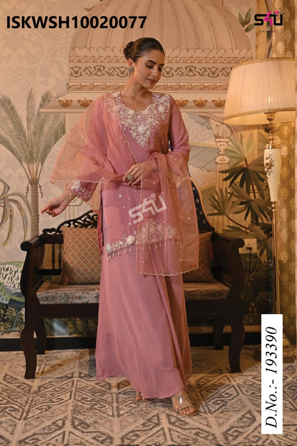 Embroidered Silk Kurti With Sharara And Organza Dupatta-ISKWSH10020077