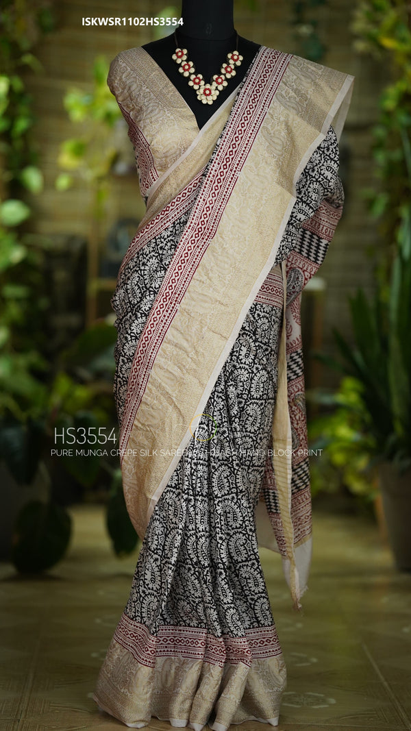 Bagru Hand Block Printed Munga Crepe Silk Saree With Blouse-ISKWSR1102HS3554