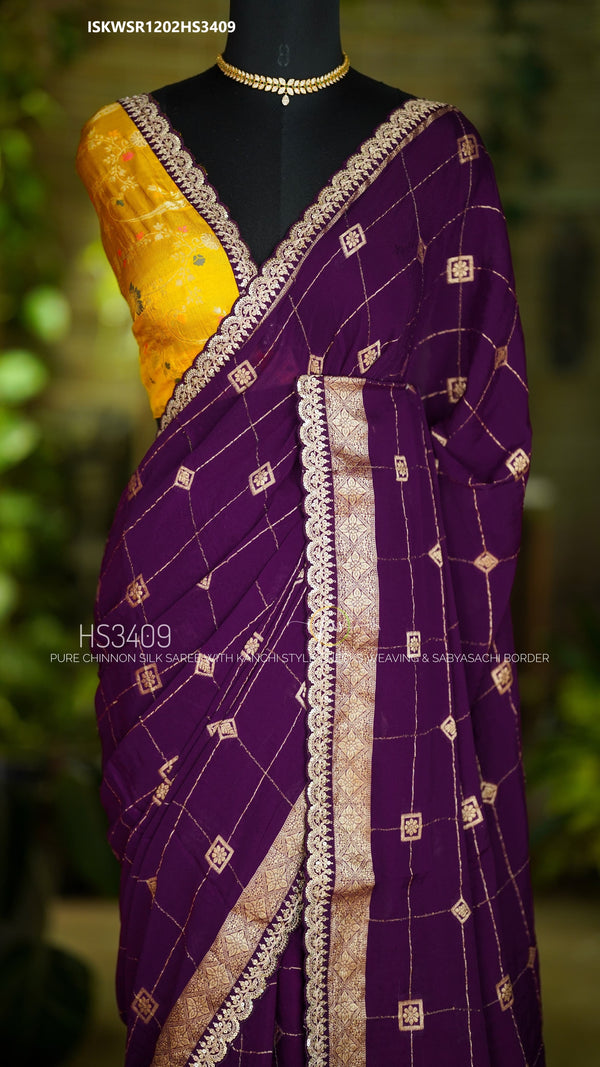 Embroidered Chinon Silk Saree With Contrast Blouse-ISKWSR1202HS3409