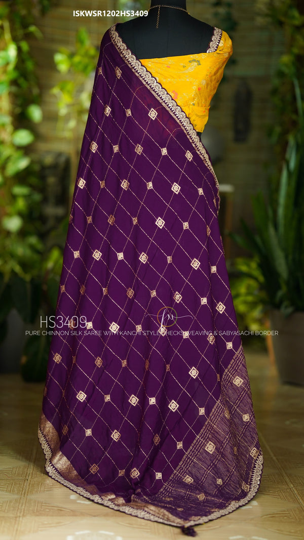 Embroidered Chinon Silk Saree With Contrast Blouse-ISKWSR1202HS3409