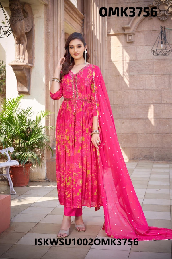 Digital Floral Printed Chinon Front Slit Kurti With Shantoon Pant And Chiffon Dupatta-ISKWSU1002OMK3756