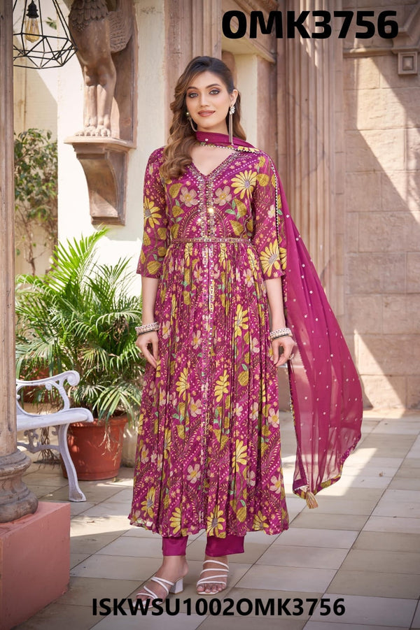 Digital Floral Printed Chinon Front Slit Kurti With Shantoon Pant And Chiffon Dupatta-ISKWSU1002OMK3756