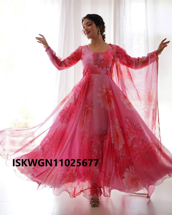 Floral Printed Organza Silk Gown With Dupatta-ISKWGN11025677