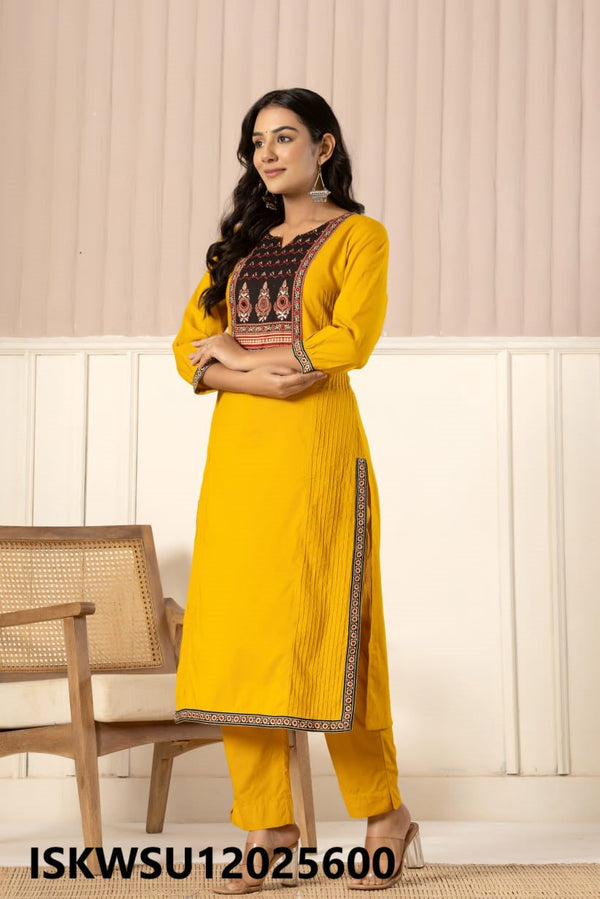 Embroidered Cotton Kurti With Pant And Printed Dupatta-ISKWSU12025600